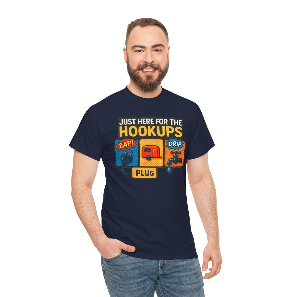 Just Here for the Hookups: Retro RV Camping Humor, Vintage Comic-Style Graphic Design Funny Camping Tee