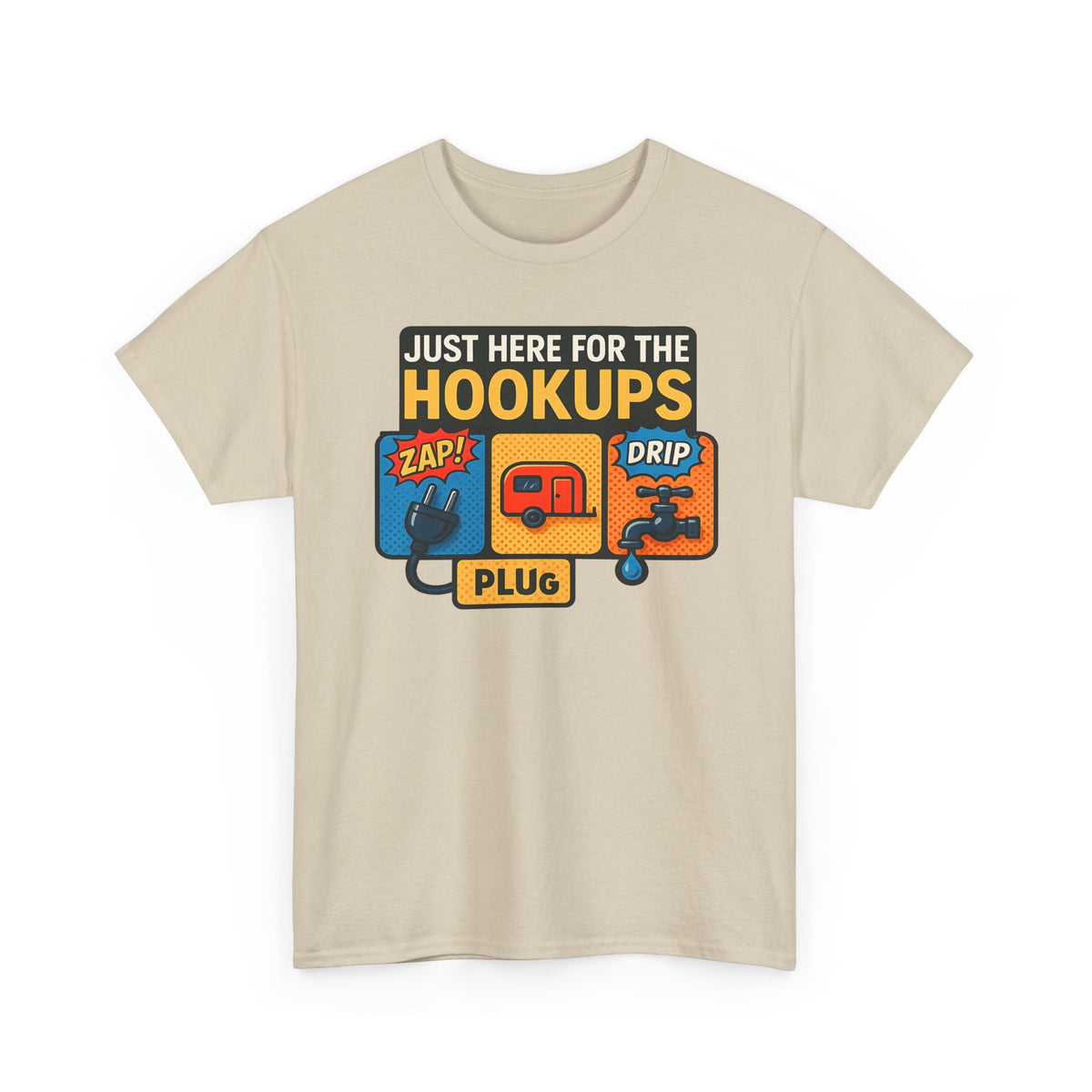 Just Here for the Hookups: Retro RV Camping Humor, Vintage Comic-Style Graphic Design Funny Camping Tee