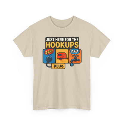 Just Here for the Hookups: Retro RV Camping Humor, Vintage Comic-Style Graphic Design Funny Camping Tee