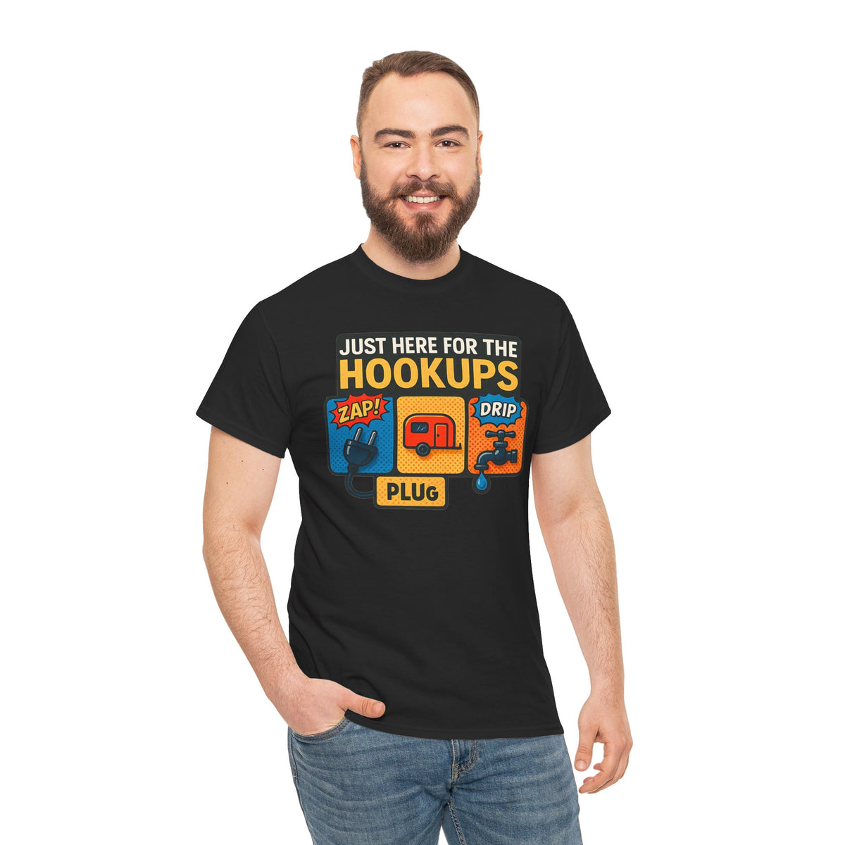 Just Here for the Hookups: Retro RV Camping Humor, Vintage Comic-Style Graphic Design Funny Camping Tee