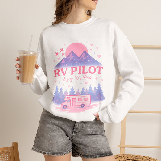 Moonlit RV Adventure: Pastel Pixel Camping Scene Funny Camping Sweatshirt