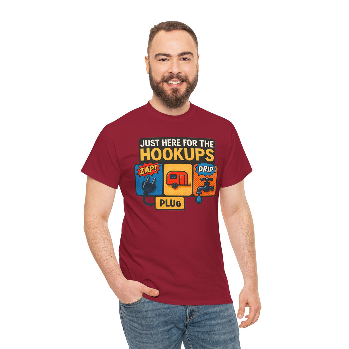 Just Here for the Hookups: Retro RV Camping Humor, Vintage Comic-Style Graphic Design Funny Camping Tee