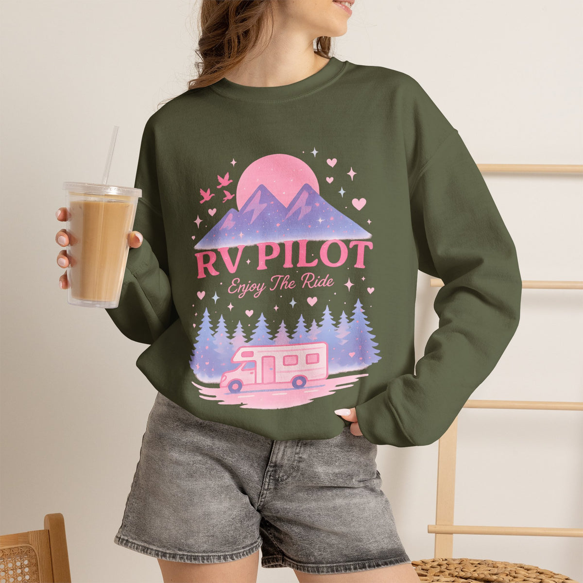 Moonlit RV Adventure: Pastel Pixel Camping Scene Funny Camping Sweatshirt
