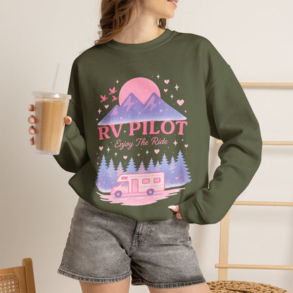 Moonlit RV Adventure: Pastel Pixel Camping Scene Funny Camping Sweatshirt