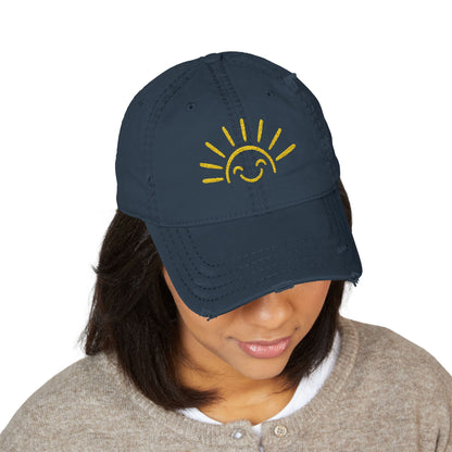 Smiley Sun Embroidered Distressed Dad Hat