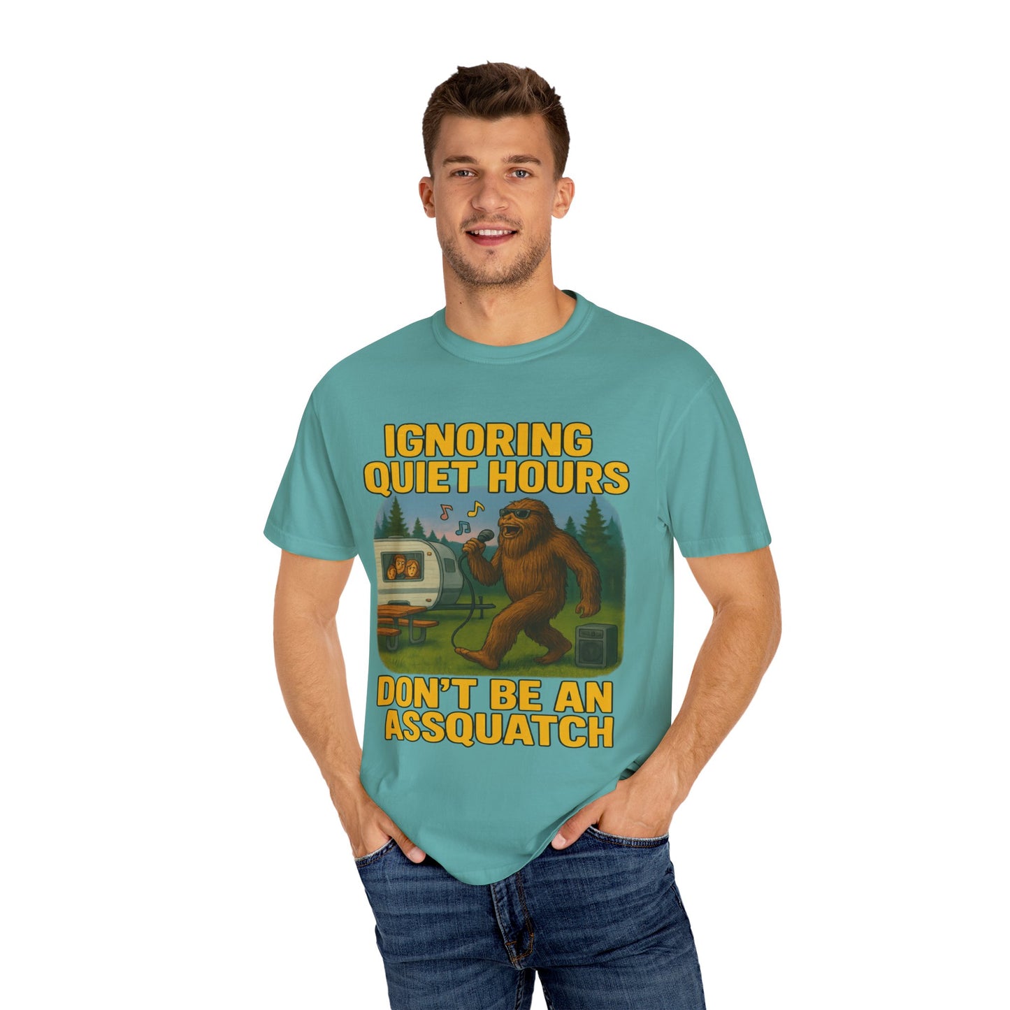 Campground Karaoke Chaos: Bigfoot's Noisy Night, Humorous Camping Etiquette Cartoon Comfort Colors T-Shirt