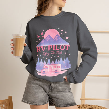 Moonlit RV Adventure: Pastel Pixel Camping Scene Funny Camping Sweatshirt