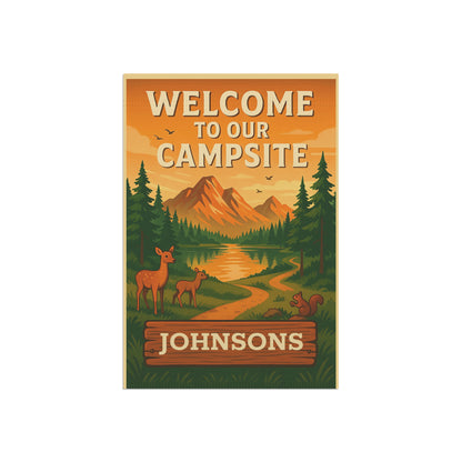 Welcome to Our Campsite Garden Flag — Personalized Outdoor Banner with Mountain, Deer & Forest Design