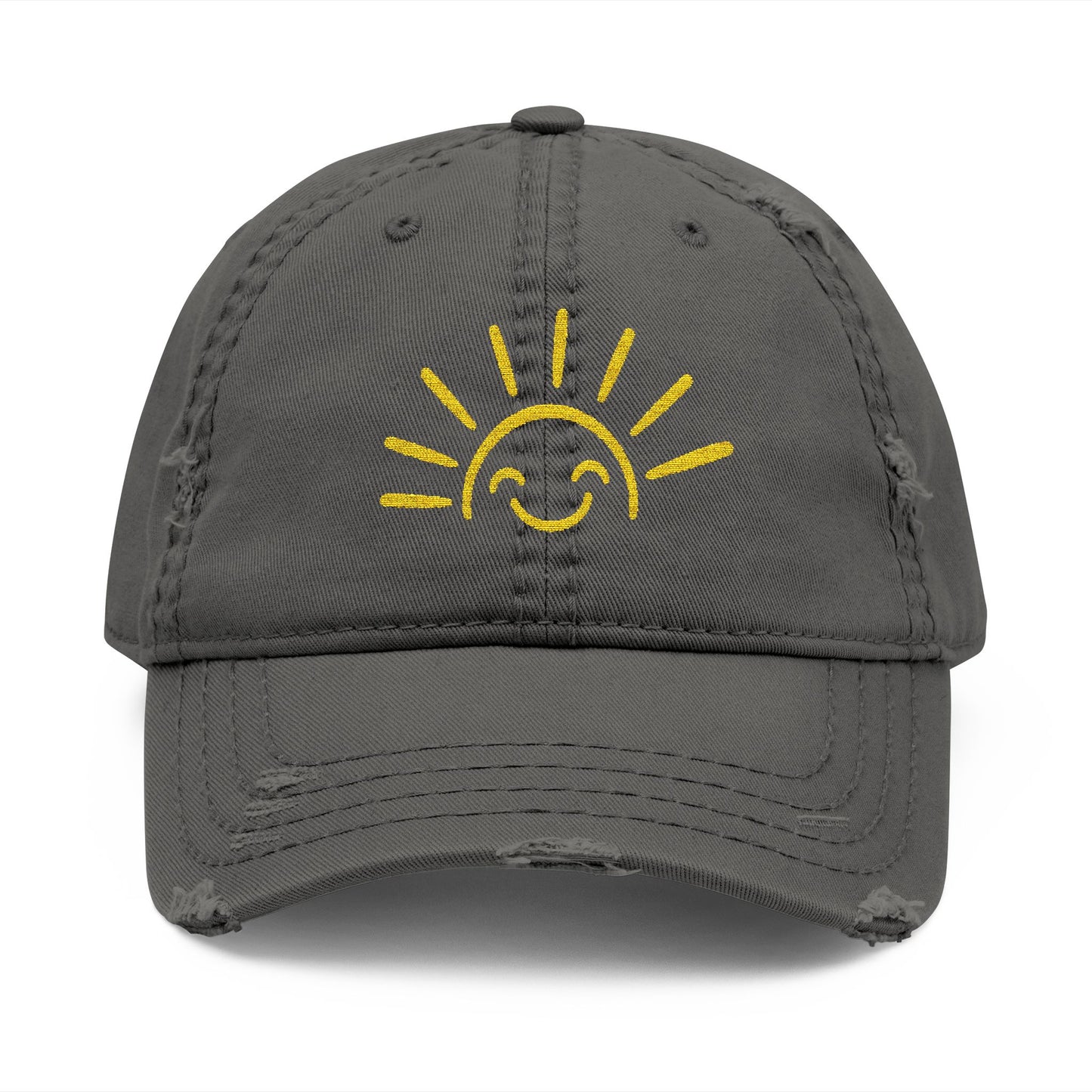 Smiley Sun Embroidered Distressed Dad Hat
