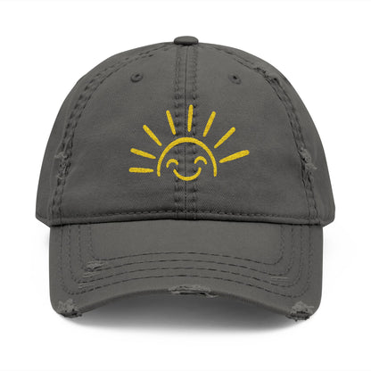 Smiley Sun Embroidered Distressed Dad Hat