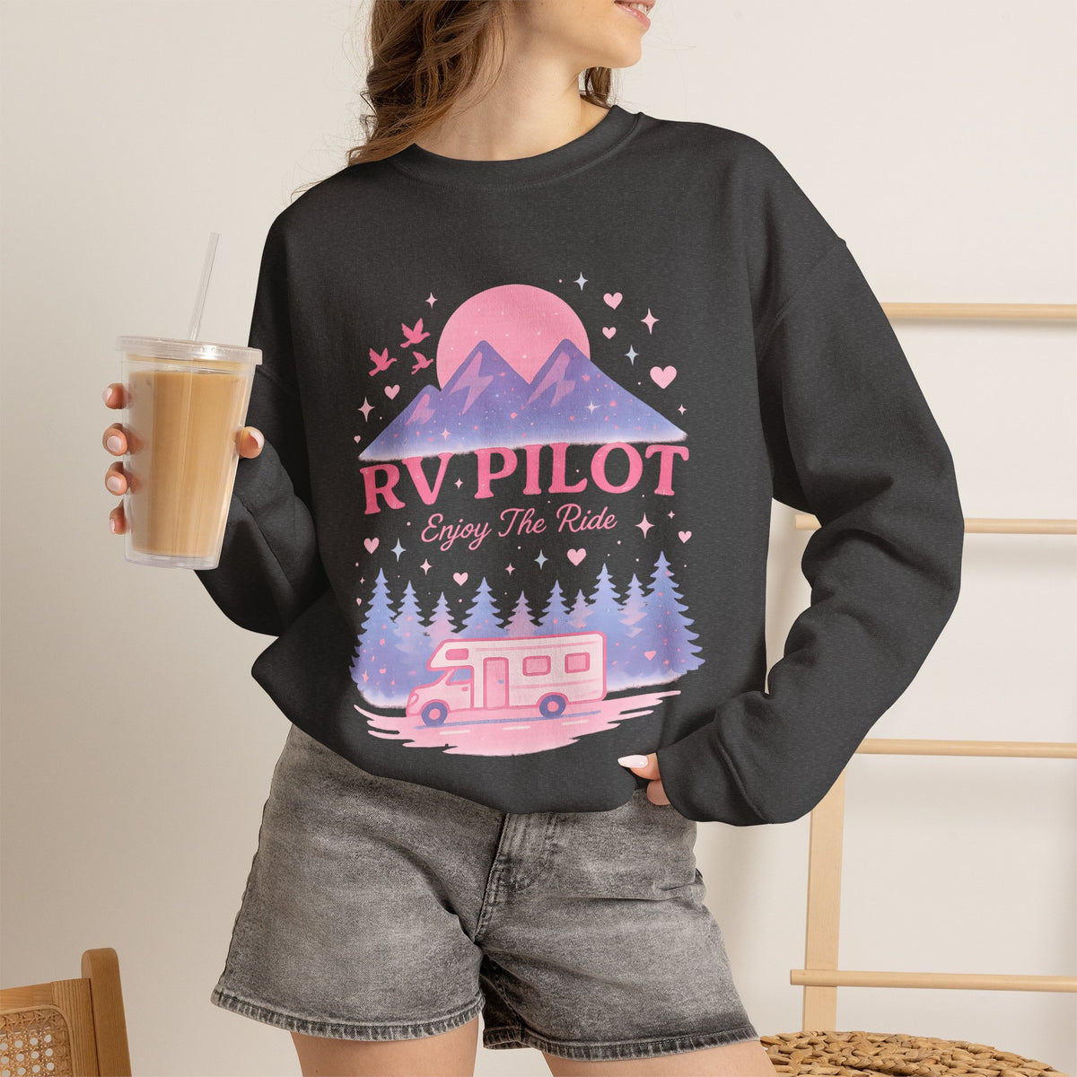 Moonlit RV Adventure: Pastel Pixel Camping Scene Funny Camping Sweatshirt