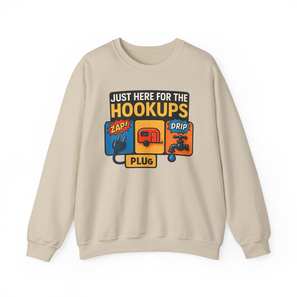 Just Here for the Hookups: Retro RV Camping Humor, Vintage Comic-Style Graphic Design Funny Camping Sweatshirt