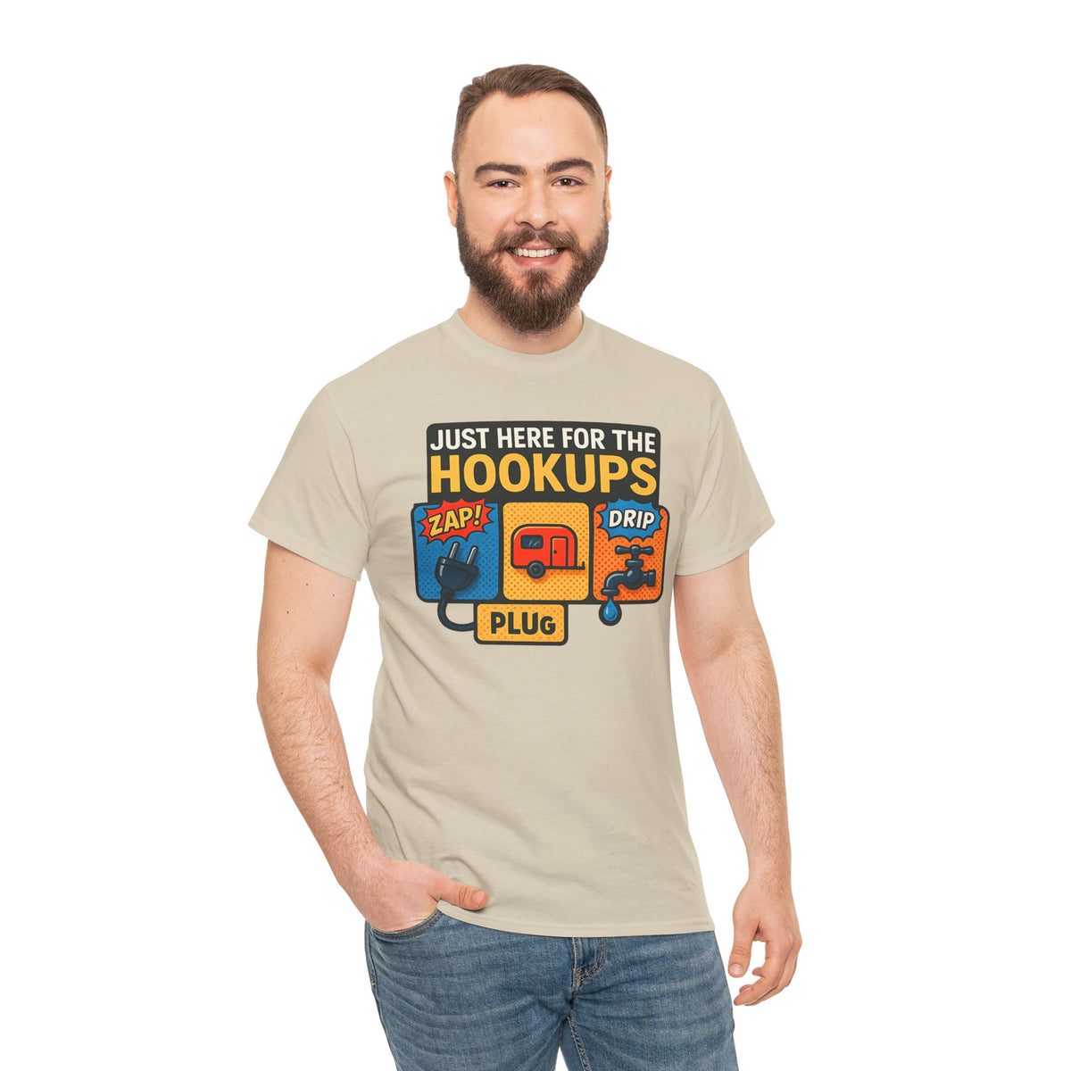 Just Here for the Hookups: Retro RV Camping Humor, Vintage Comic-Style Graphic Design Funny Camping Tee