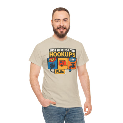 Just Here for the Hookups: Retro RV Camping Humor, Vintage Comic-Style Graphic Design Funny Camping Tee