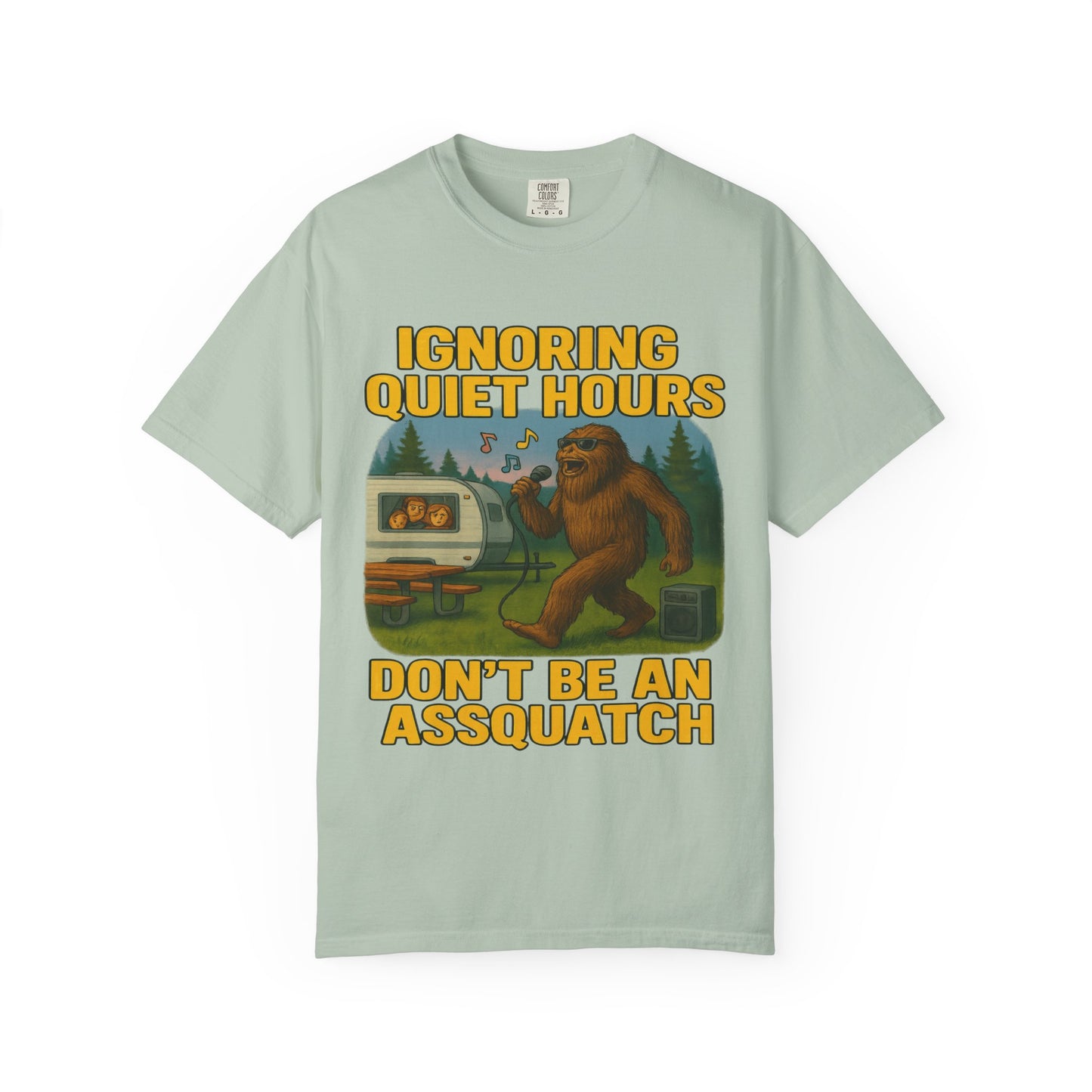 Campground Karaoke Chaos: Bigfoot's Noisy Night, Humorous Camping Etiquette Cartoon Comfort Colors T-Shirt