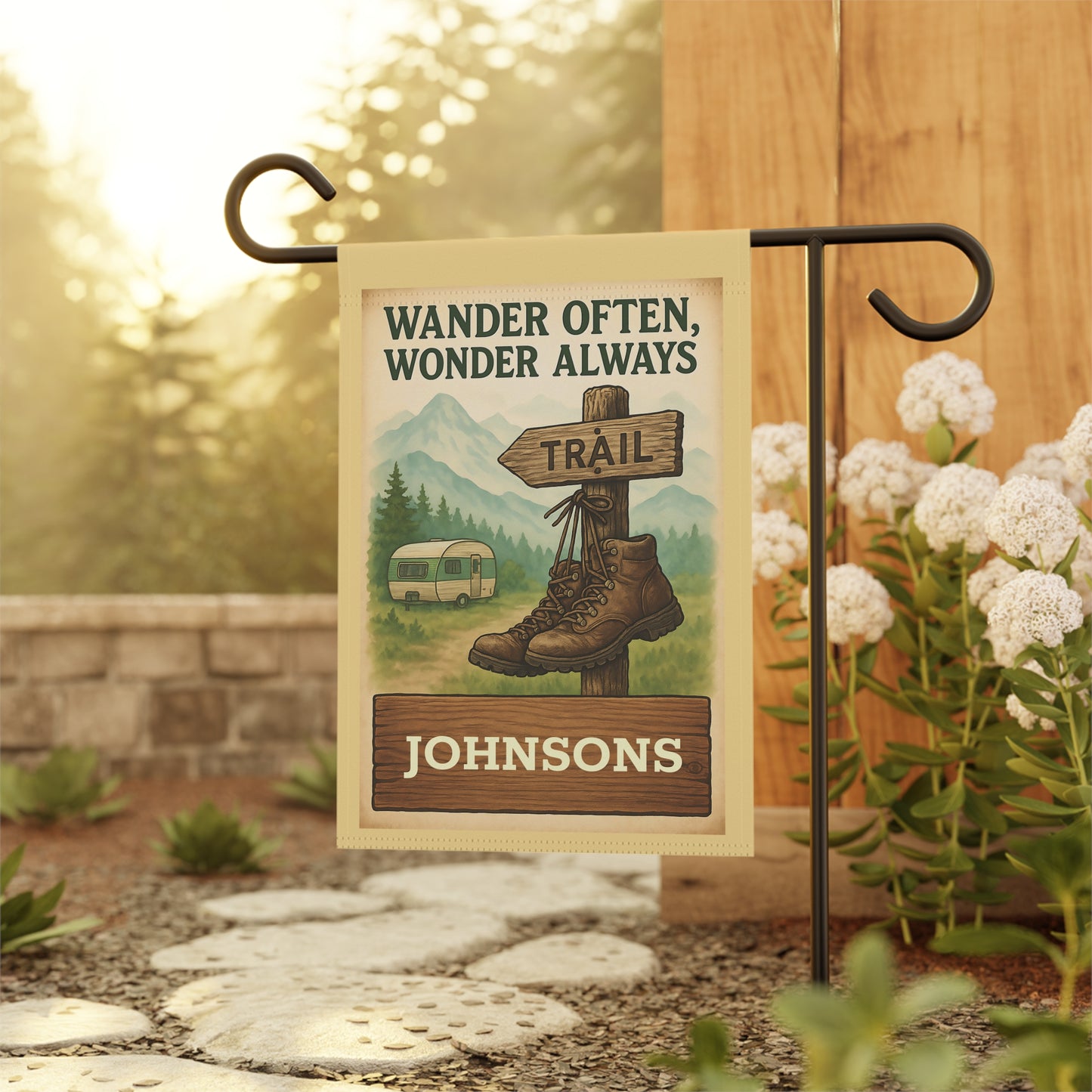 Wander Often, Wonder Always Garden Flag — Personalized Hiking Trail Welcome Banner