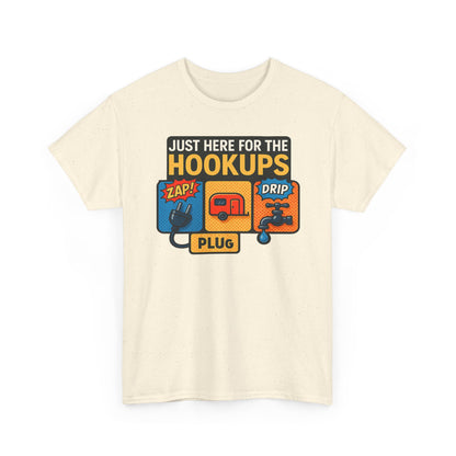 Just Here for the Hookups: Retro RV Camping Humor, Vintage Comic-Style Graphic Design Funny Camping Tee