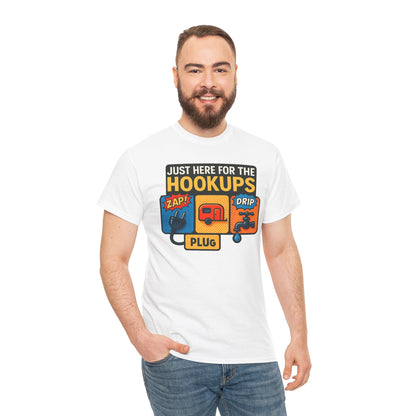 Just Here for the Hookups: Retro RV Camping Humor, Vintage Comic-Style Graphic Design Funny Camping Tee