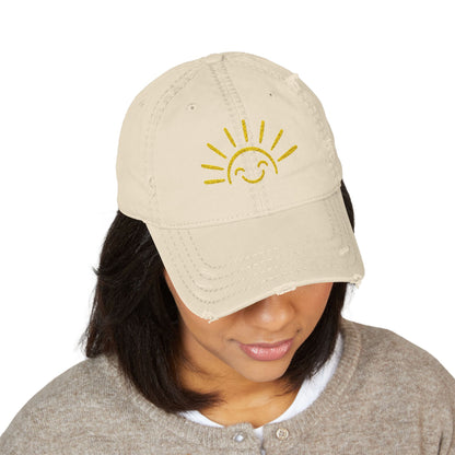 Smiley Sun Embroidered Distressed Dad Hat