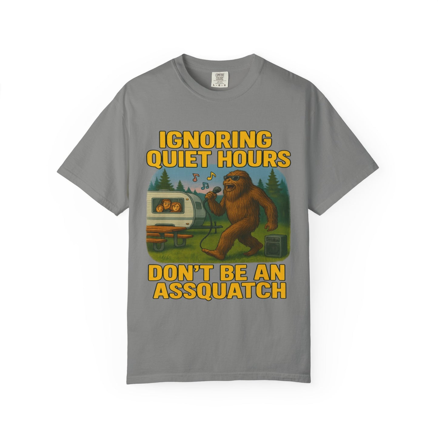Campground Karaoke Chaos: Bigfoot's Noisy Night, Humorous Camping Etiquette Cartoon Comfort Colors T-Shirt