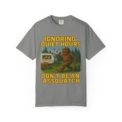 Campground Karaoke Chaos: Bigfoot's Noisy Night, Humorous Camping Etiquette Cartoon Comfort Colors T-Shirt