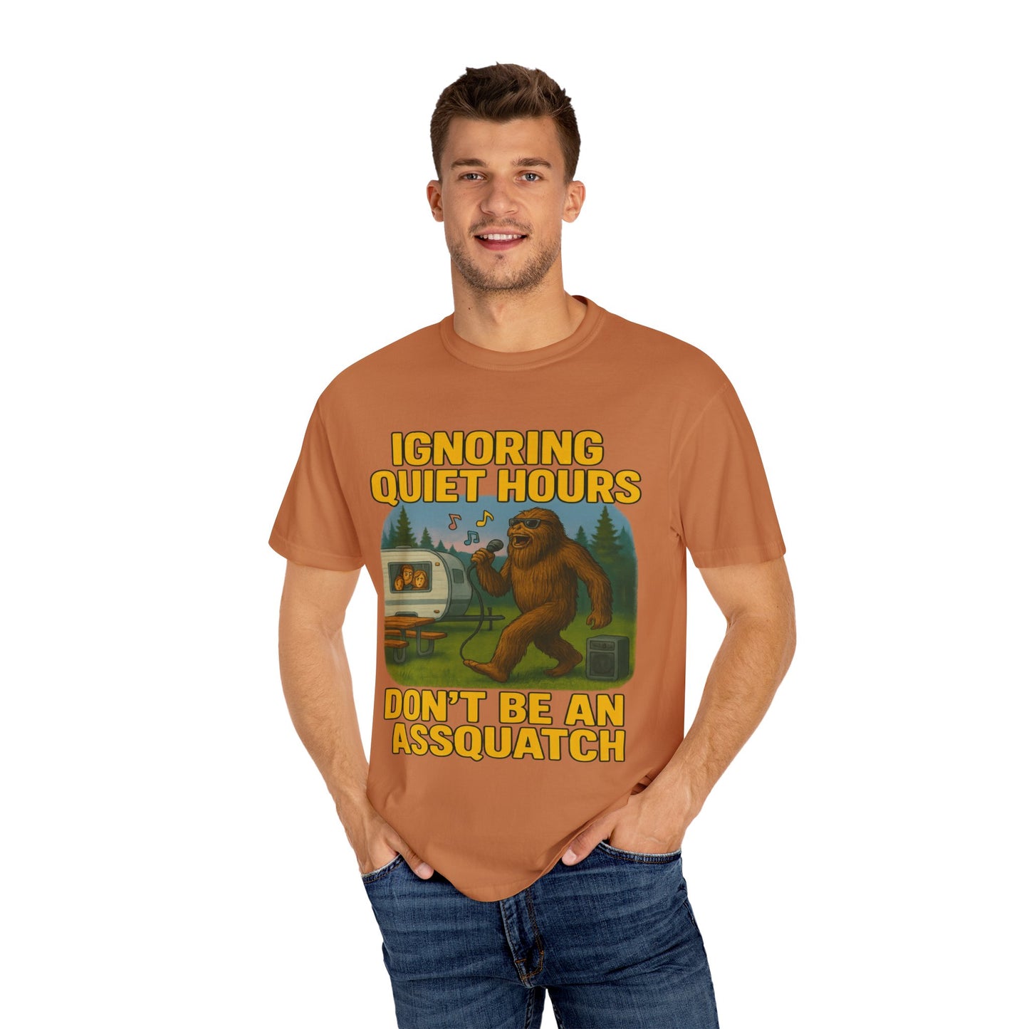 Campground Karaoke Chaos: Bigfoot's Noisy Night, Humorous Camping Etiquette Cartoon Comfort Colors T-Shirt
