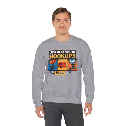 Just Here for the Hookups: Retro RV Camping Humor, Vintage Comic-Style Graphic Design Funny Camping Sweatshirt