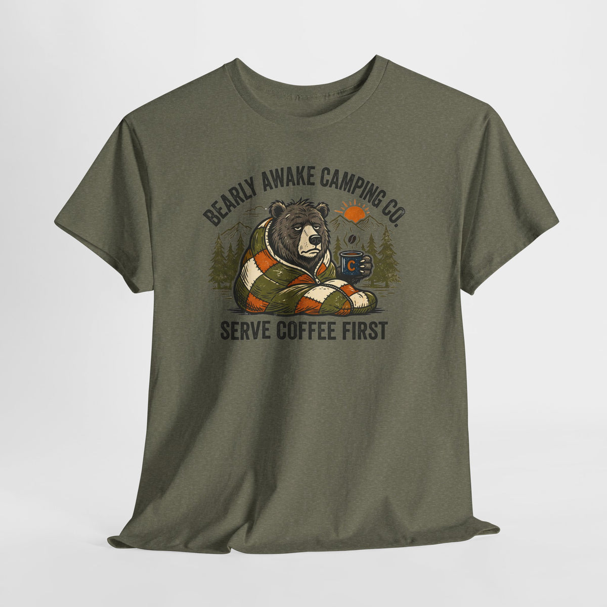 Bearly Awake Camping T-Shirt - "Serve Coffee First" Camping Tee