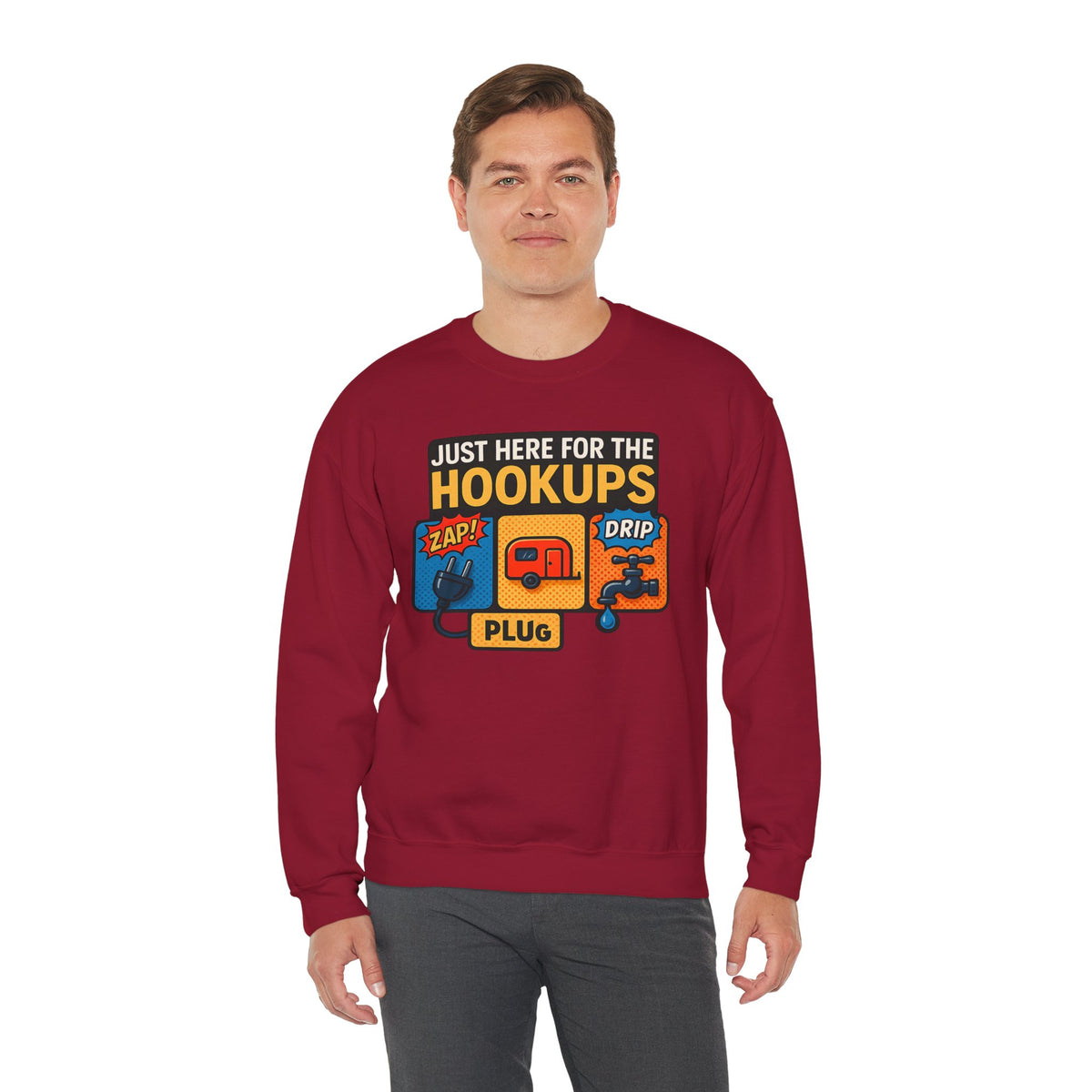 Just Here for the Hookups: Retro RV Camping Humor, Vintage Comic-Style Graphic Design Funny Camping Sweatshirt