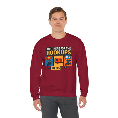 Just Here for the Hookups: Retro RV Camping Humor, Vintage Comic-Style Graphic Design Funny Camping Sweatshirt
