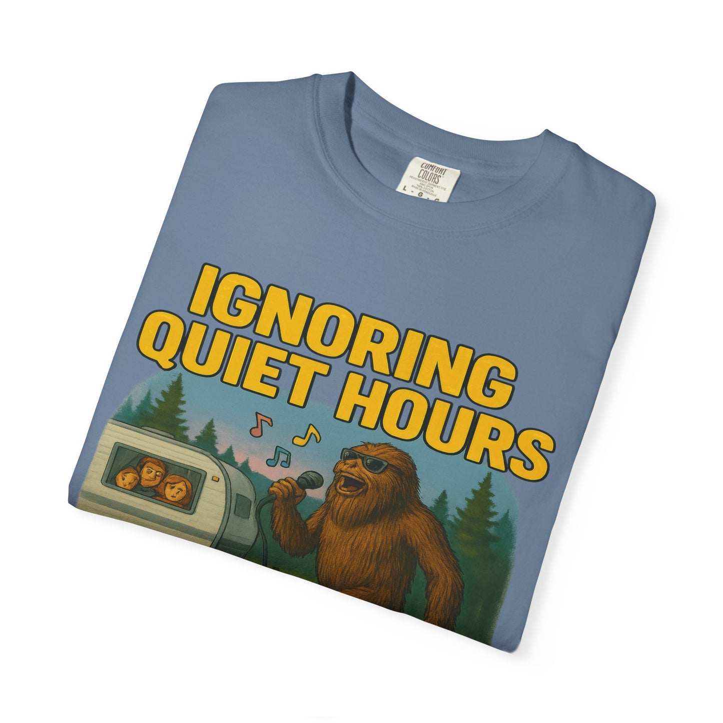 Campground Karaoke Chaos: Bigfoot's Noisy Night, Humorous Camping Etiquette Cartoon Comfort Colors T-Shirt