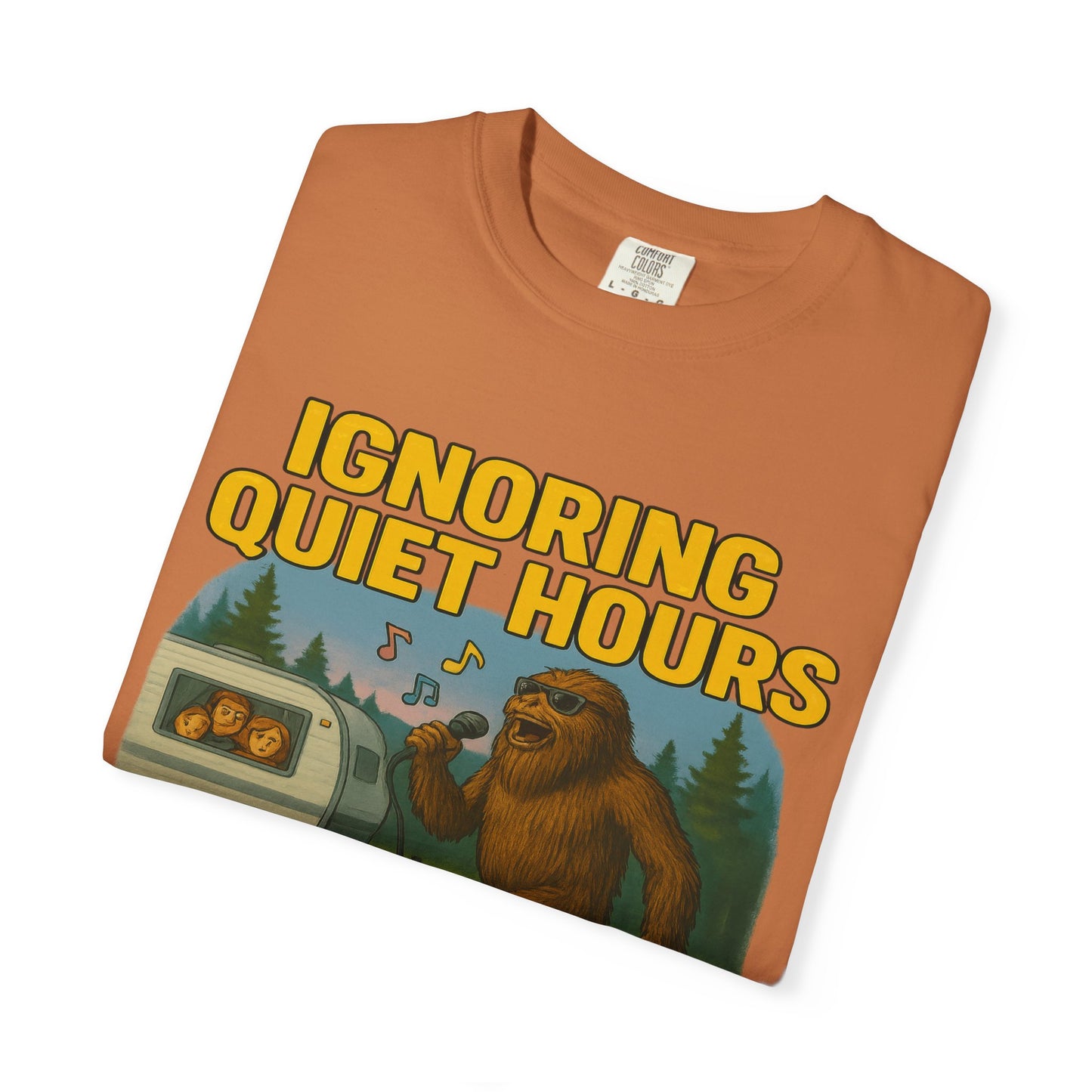 Campground Karaoke Chaos: Bigfoot's Noisy Night, Humorous Camping Etiquette Cartoon Comfort Colors T-Shirt
