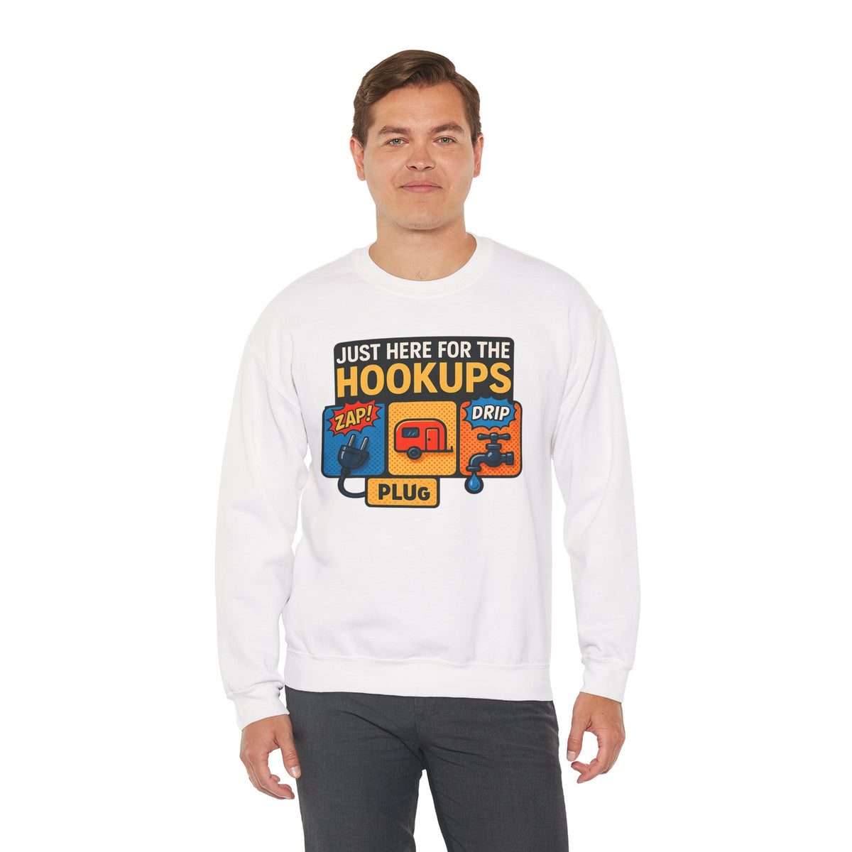 Just Here for the Hookups: Retro RV Camping Humor, Vintage Comic-Style Graphic Design Funny Camping Sweatshirt
