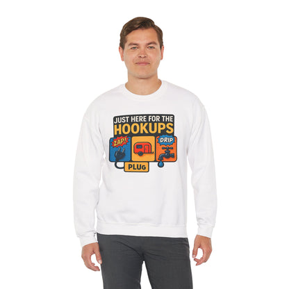 Just Here for the Hookups: Retro RV Camping Humor, Vintage Comic-Style Graphic Design Funny Camping Sweatshirt
