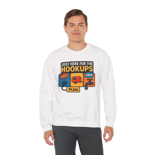 Just Here for the Hookups: Retro RV Camping Humor, Vintage Comic-Style Graphic Design Funny Camping Sweatshirt