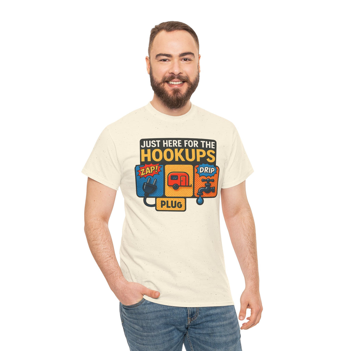 Just Here for the Hookups: Retro RV Camping Humor, Vintage Comic-Style Graphic Design Funny Camping Tee
