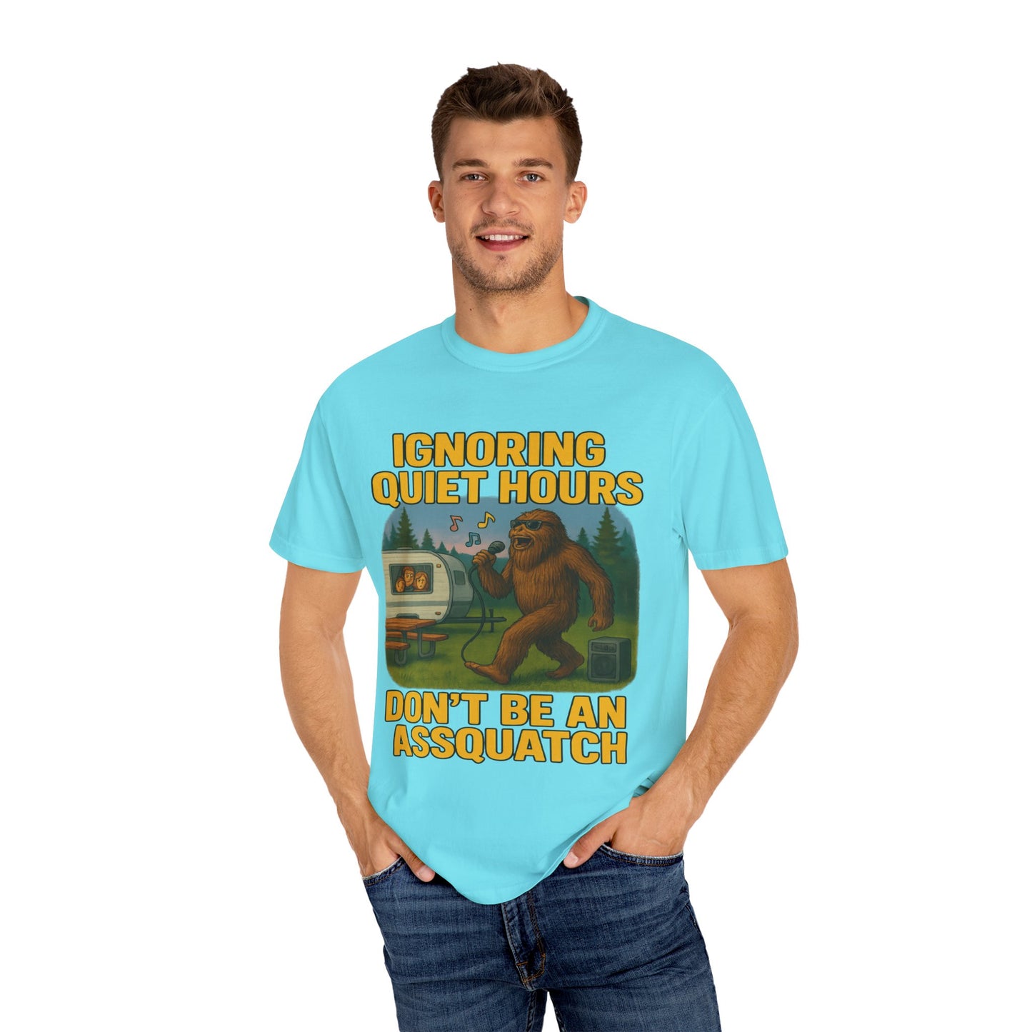 Campground Karaoke Chaos: Bigfoot's Noisy Night, Humorous Camping Etiquette Cartoon Comfort Colors T-Shirt