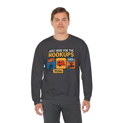Just Here for the Hookups: Retro RV Camping Humor, Vintage Comic-Style Graphic Design Funny Camping Sweatshirt