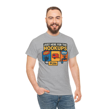 Just Here for the Hookups: Retro RV Camping Humor, Vintage Comic-Style Graphic Design Funny Camping Tee