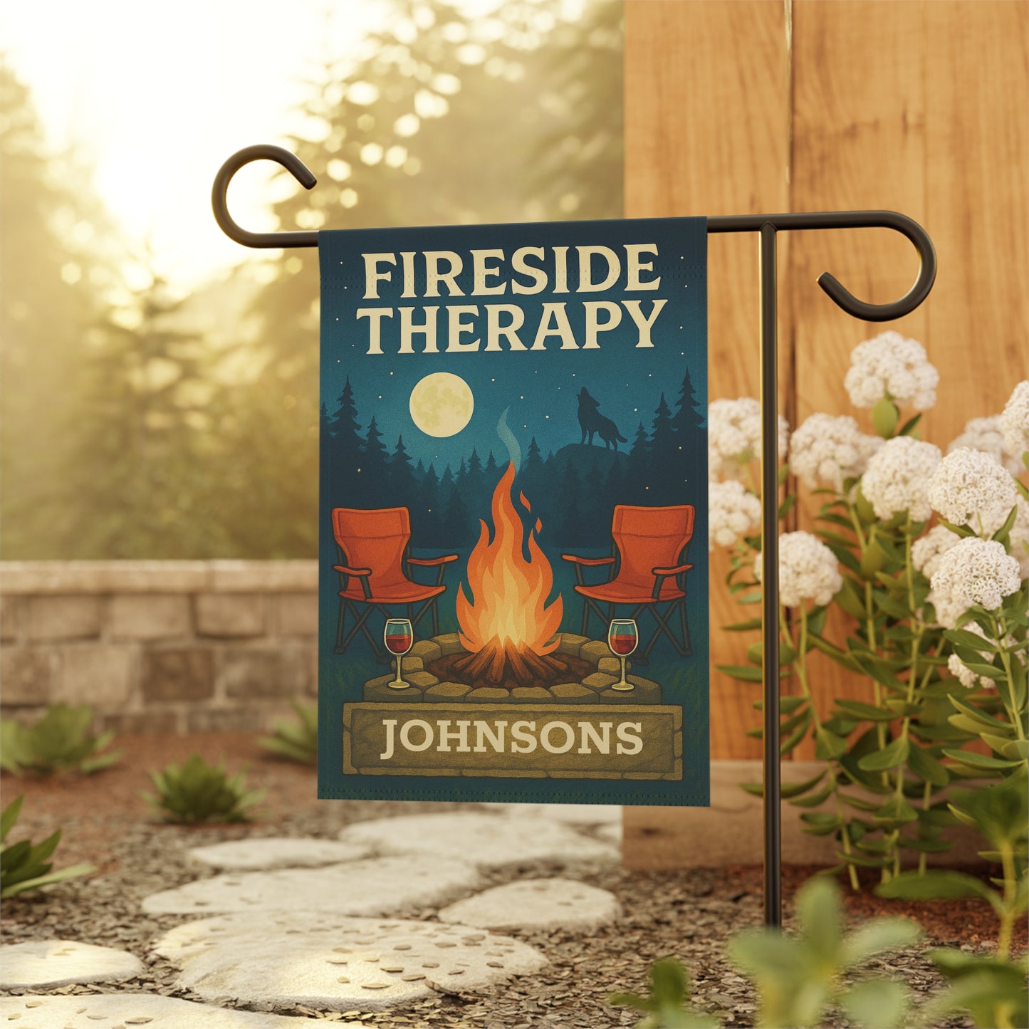 Fireside Therapy Garden Flag — Personalized Campfire Outdoor Banner