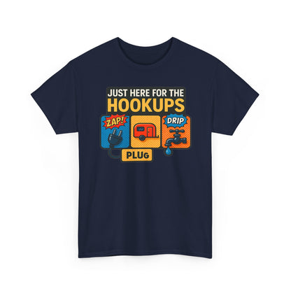 Just Here for the Hookups: Retro RV Camping Humor, Vintage Comic-Style Graphic Design Funny Camping Tee