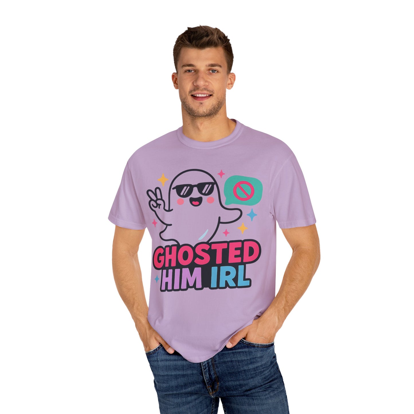 Ghosted Him IRL: Trendy Cartoon Ghost Illustration Comfort Colors Single Ladies